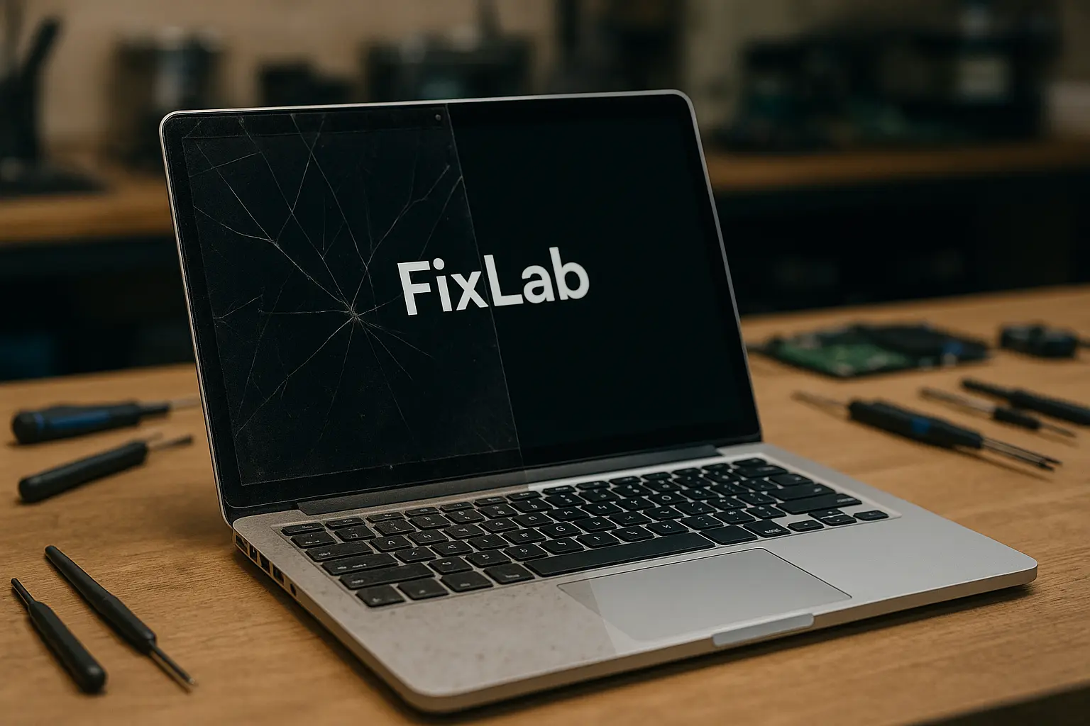 Portatīvais dators ar saplaisājušu ekrānu un FixLab logotipu – ekrāna remonts, putekļu tīrīšana un termopastas nomaiņa Rīgā, Latvijā