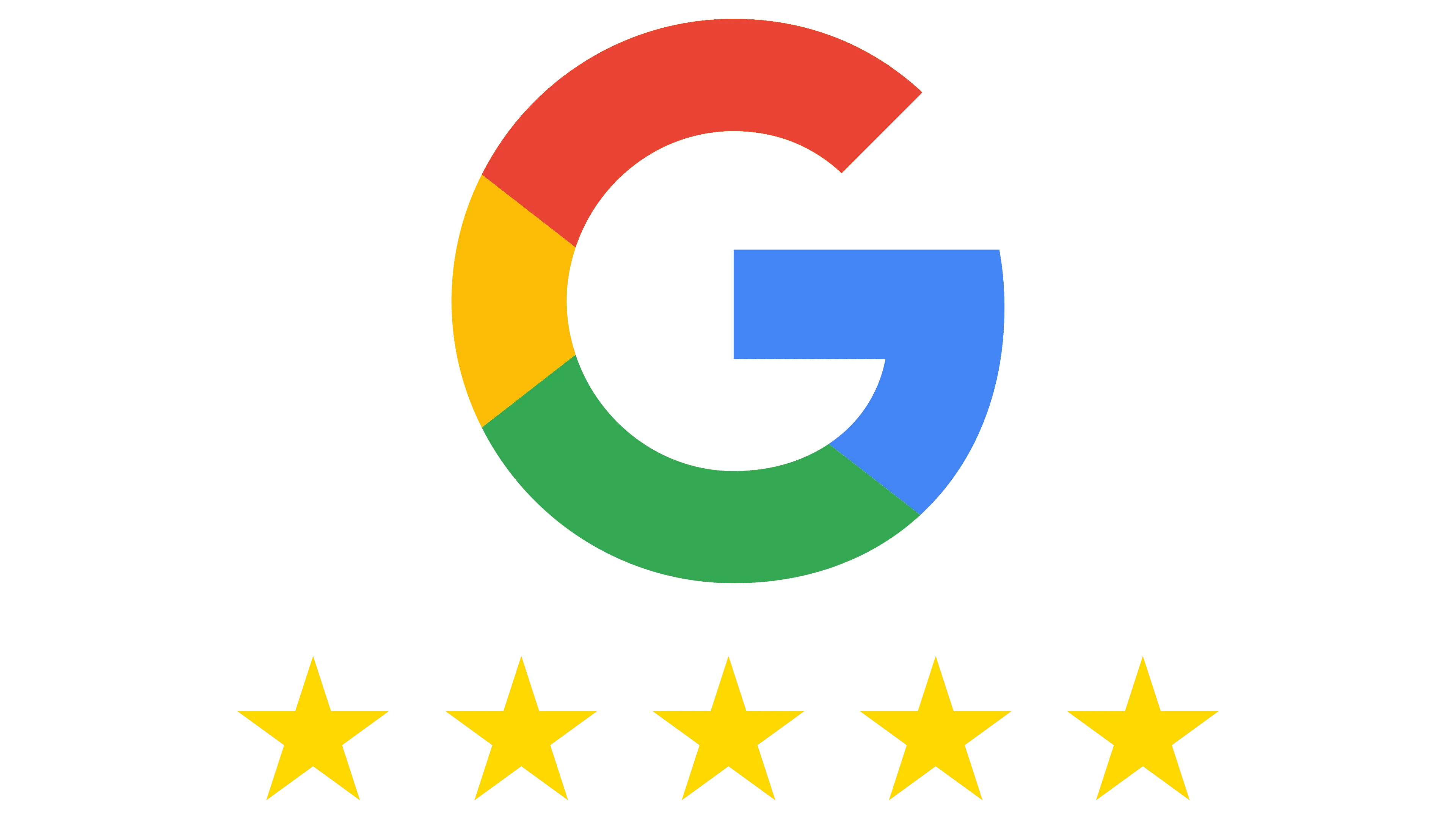 Google logotips ar piecām dzeltenām zvaigznēm zem tā, kas simbolizē piecu zvaigžņu vērtējumu.