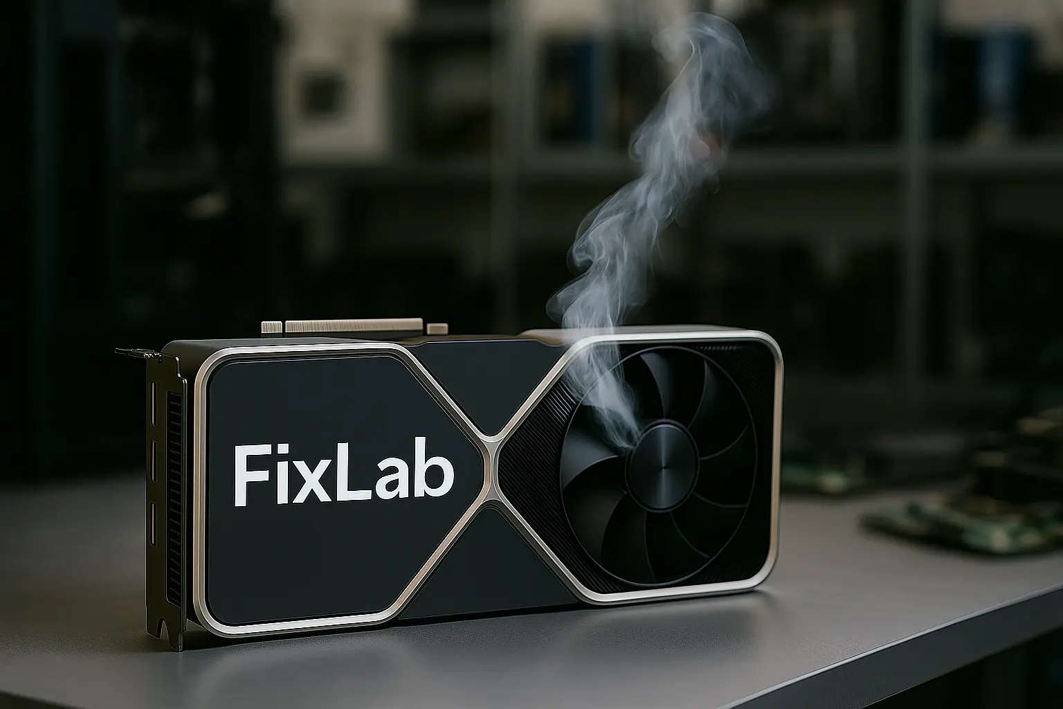 Bojāta videokarte ar dūmiem uz remonta galda – FixLab GPU remonts Rīgā, pārkarsušu un bojātu grafisko karšu serviss